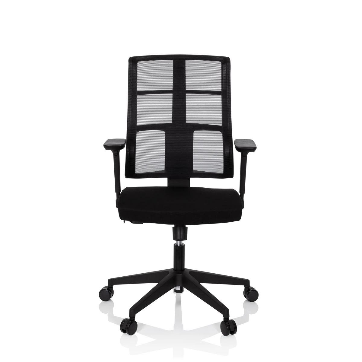 Sedia da ufficio professionale SPINIO nera con schienale in rete e base a cinque ruote di hjh OFFICE – vista a 360° (vista frontale 0°)