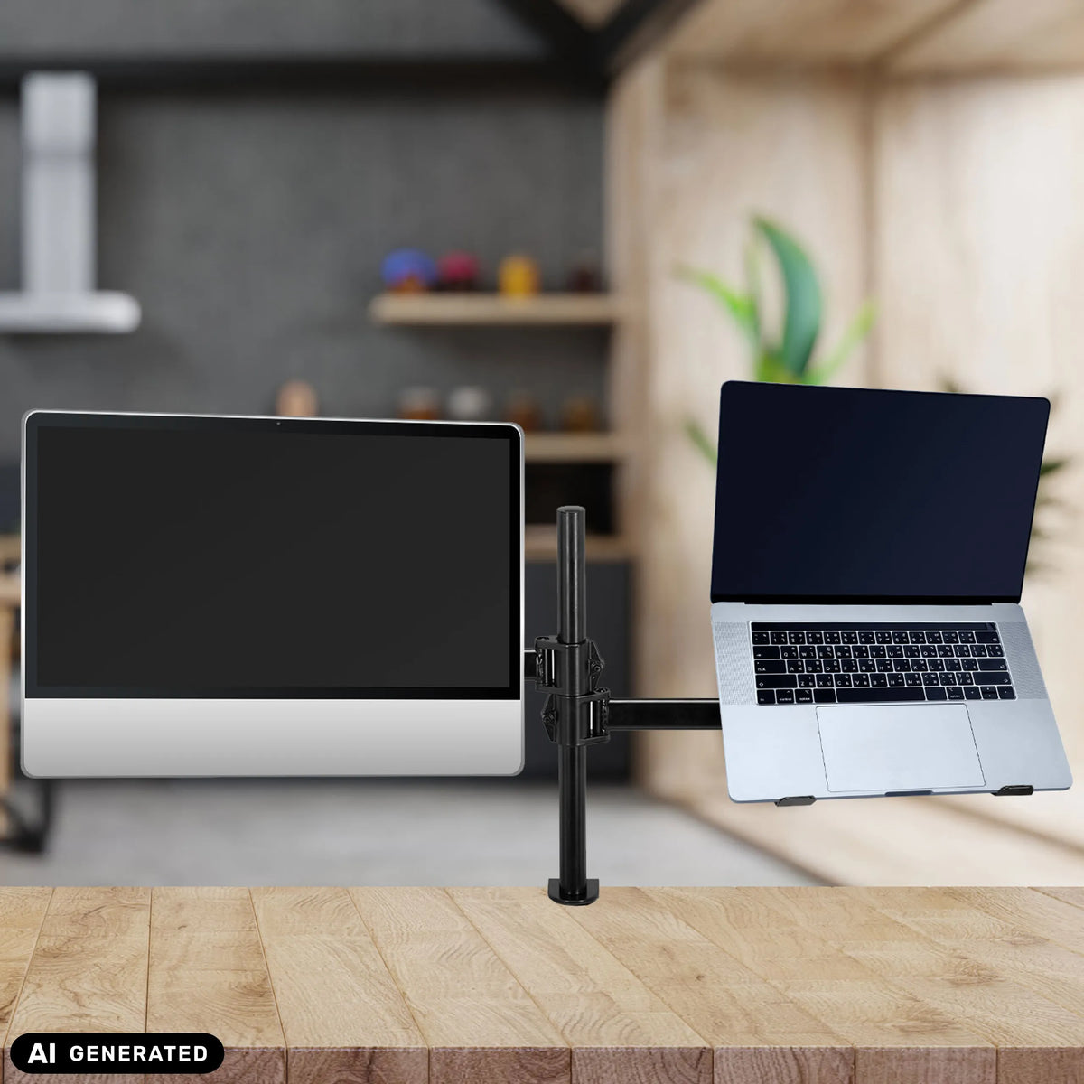 Supporto per monitor VM-MH2 nero con un monitor e un laptop su un tavolo di legno di hjh OFFICE (immagine generata dall’IA)
