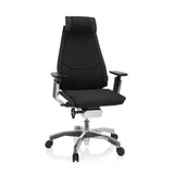 Schwarzer High-End-Bürostuhl GENIDIA PRO mit Stoffbezug und Fußkreuz mit fünf Rollen von hjh OFFICE – 360-Grad-Ansicht (Frontansicht 20°)
