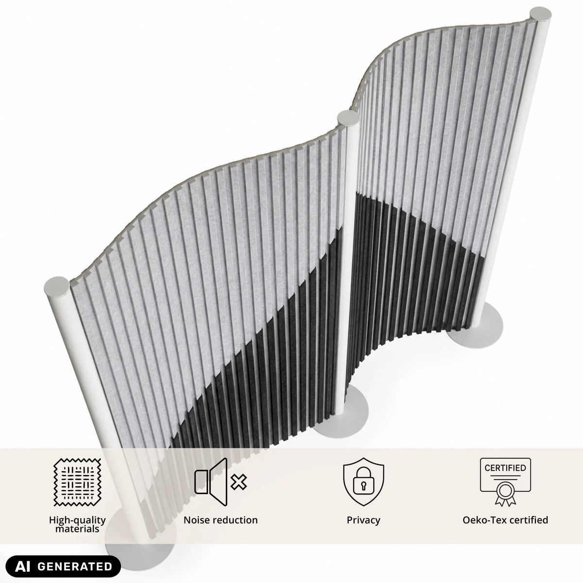 Parete divisoria grigia per la protezione visiva e acustica Flexmiut Wave con design ondulato di hjh OFFICE (immagine generata dall’IA)