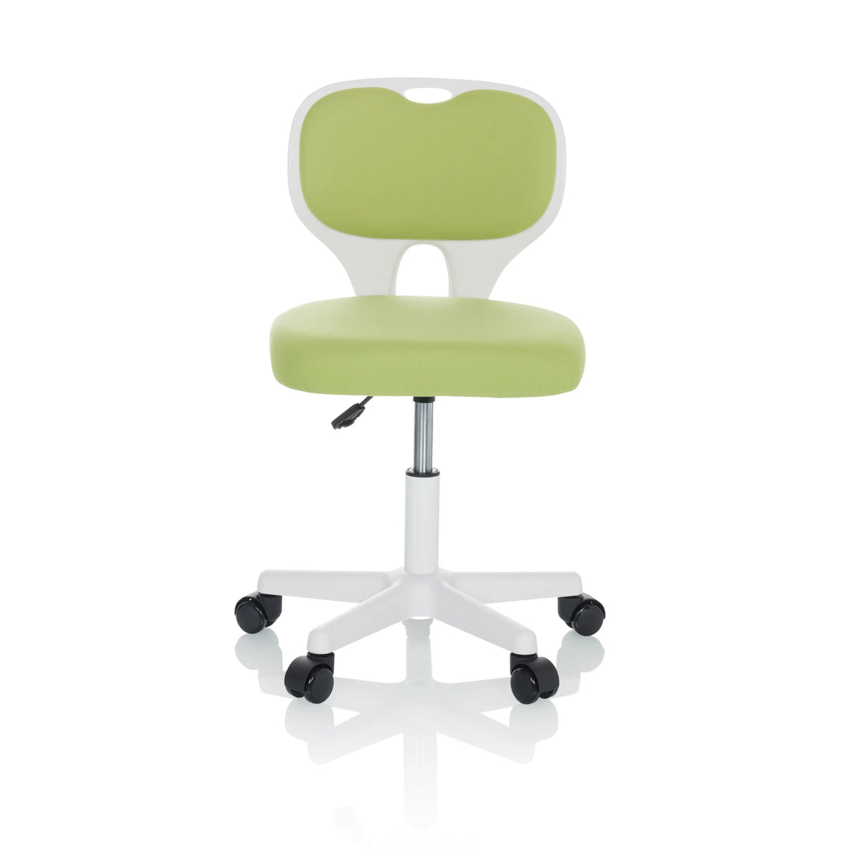 Sedia girevole per bambini KIDDY TOP W verde con struttura bianca e base a cinque ruote di hjh OFFICE – vista a 360° (vista frontale 0°)