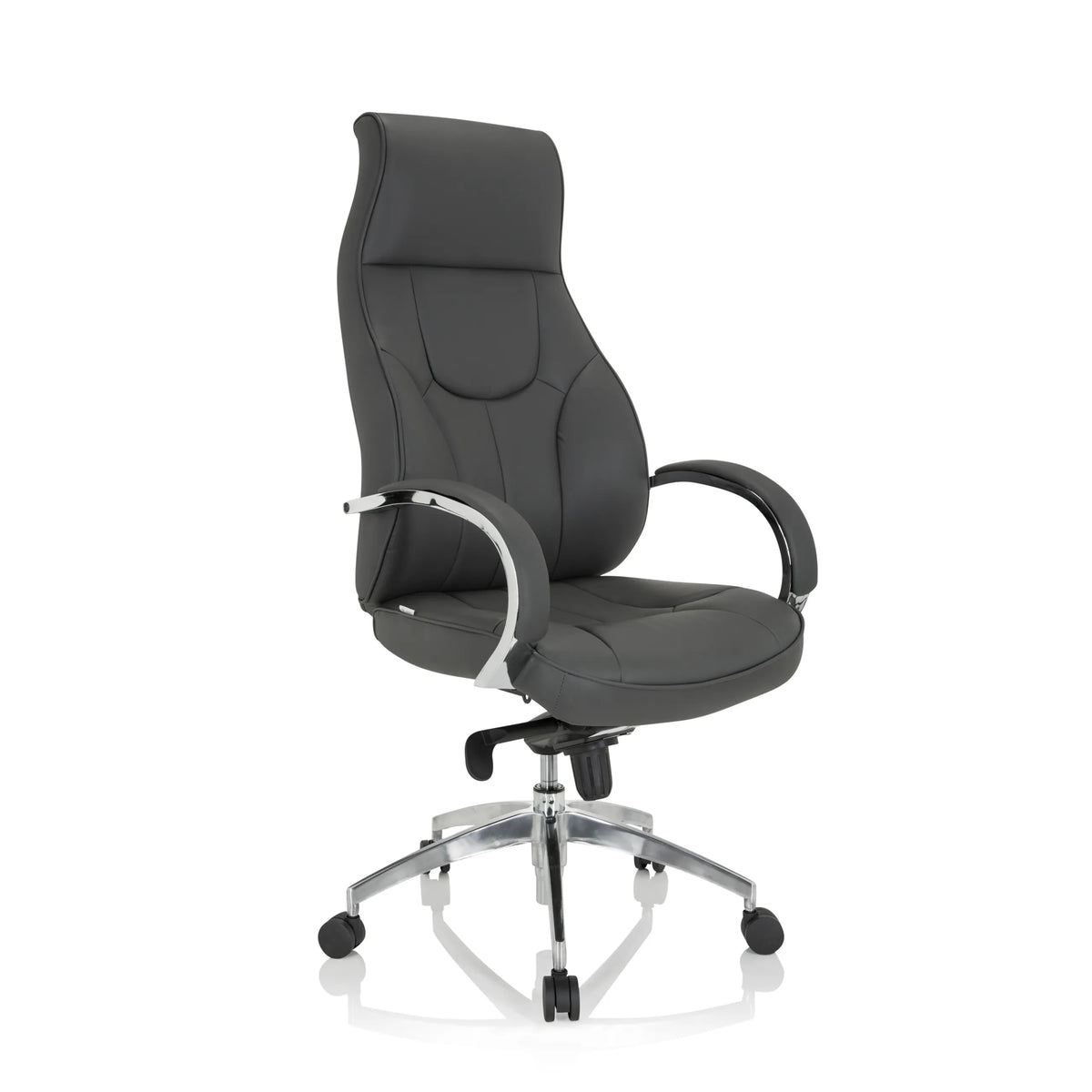 Grauer Profi-Chefsessel ELEGANCE I mit Armlehnen und glänzendem Fußkreuz mit fünf Rollen von hjh OFFICE – 360-Grad-Ansicht (schräge Frontansicht 40°)