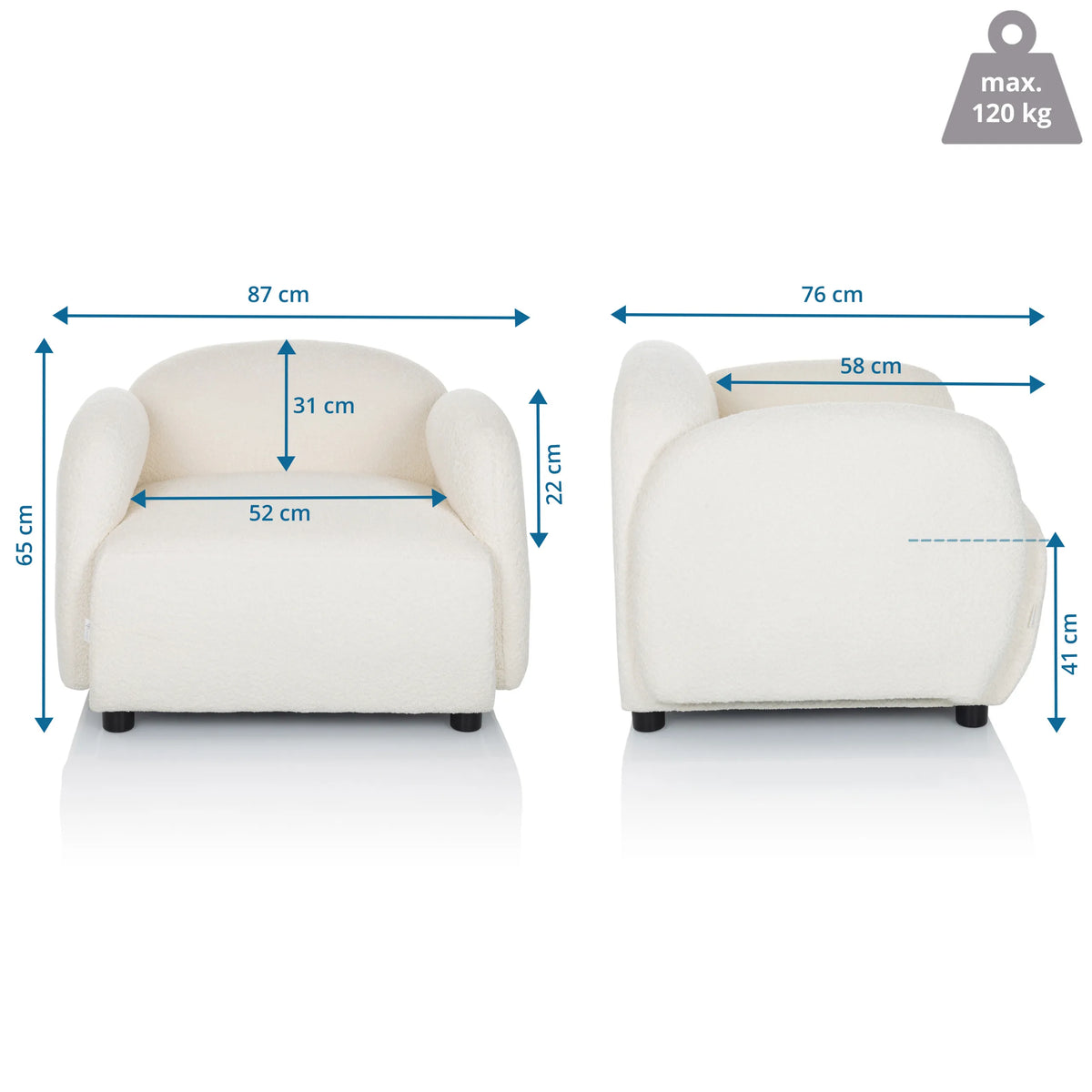 Disegno tecnico della Poltrona Lounge VERDUNA con una larghezza di 87 cm e un'altezza di 65 cm di hjh LIVING
