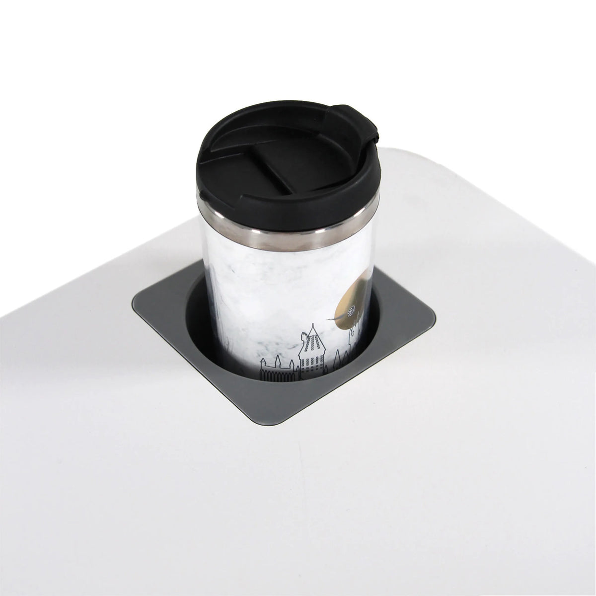 Portabicchieri integrato con tazza termica sul piano bianco della scrivania in piedi STAND VM-SU I di hjh OFFICE