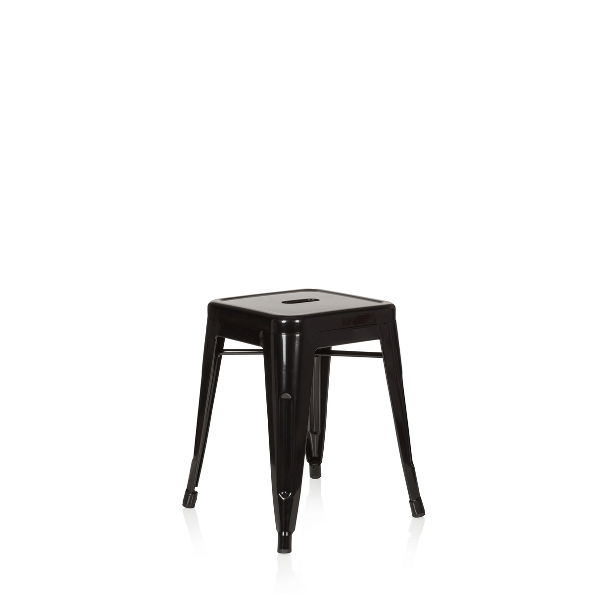 Schwarzer Bistrohocker VANTAGGIO mit quadratischer Sitzfläche und Verstrebungen von hjh OFFICE – 360-Grad-Ansicht (schräge Frontansicht 40°)