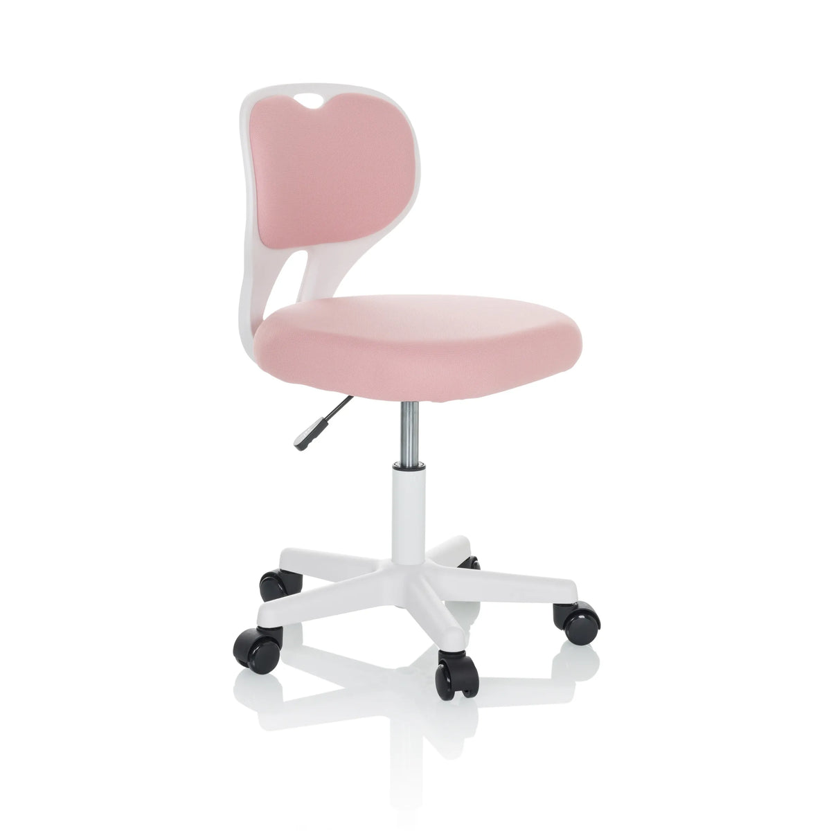 Rosa Kinderdrehstuhl KIDDY TOP W mit weißem Gestell und Fußkreuz mit fünf Rollen von hjh OFFICE – 360-Grad-Ansicht (schräge Frontansicht 60°)