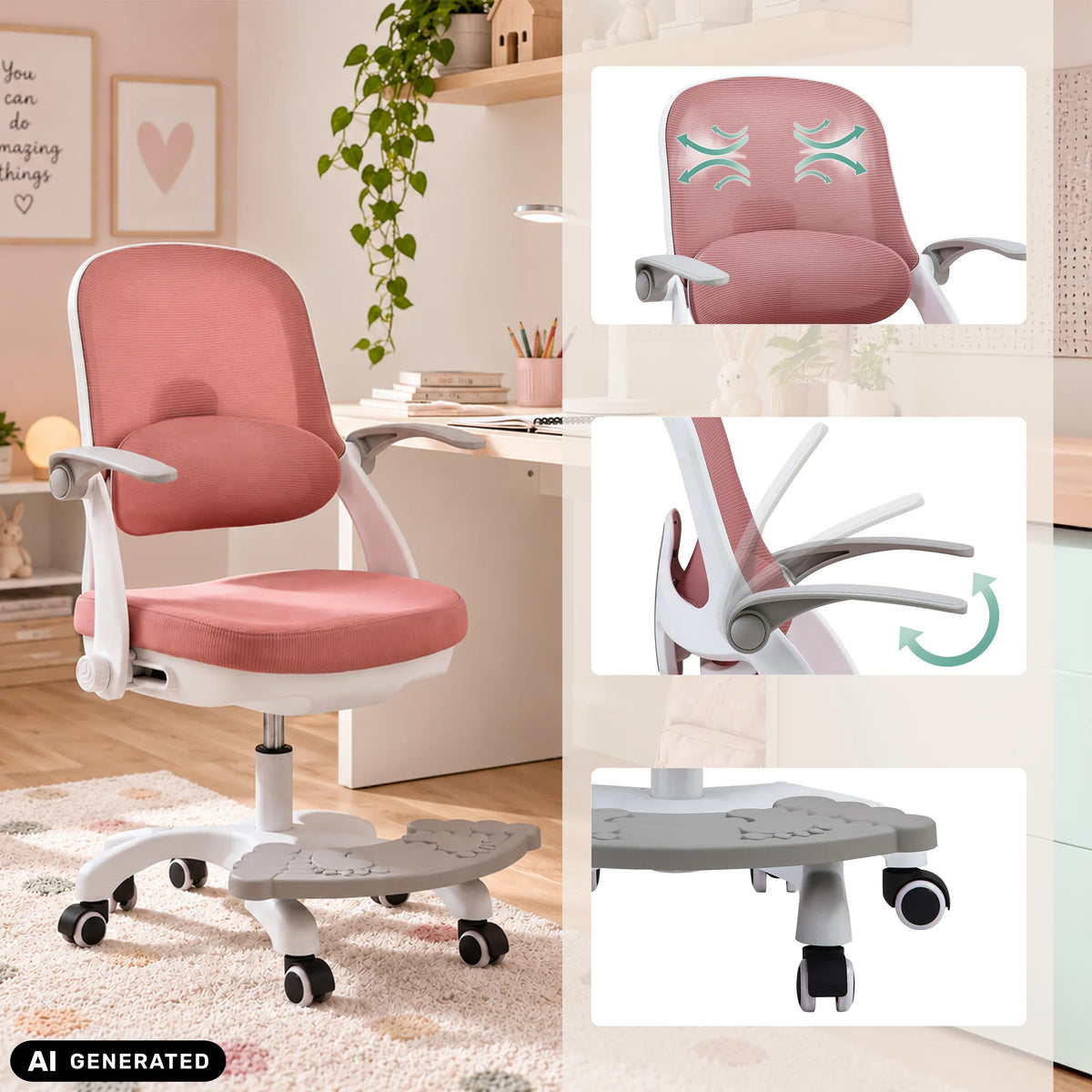 Sedia girevole per bambini Kiddy Smart Step rosa con poggiapiedi e braccioli regolabili di hjh OFFICE (immagine generata dall’IA)