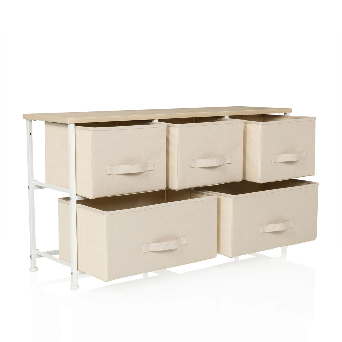 Cassettiera beige FOLDAR con cinque cassetti in tessuto e struttura in metallo bianco di hjh LIVING