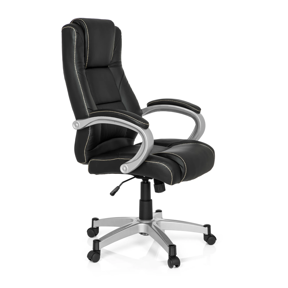 Sedia da gaming RELAX CL180 nera con imbottitura e base a cinque ruote di MyBuero – vista a 360° (vista frontale a tre quarti 60°)