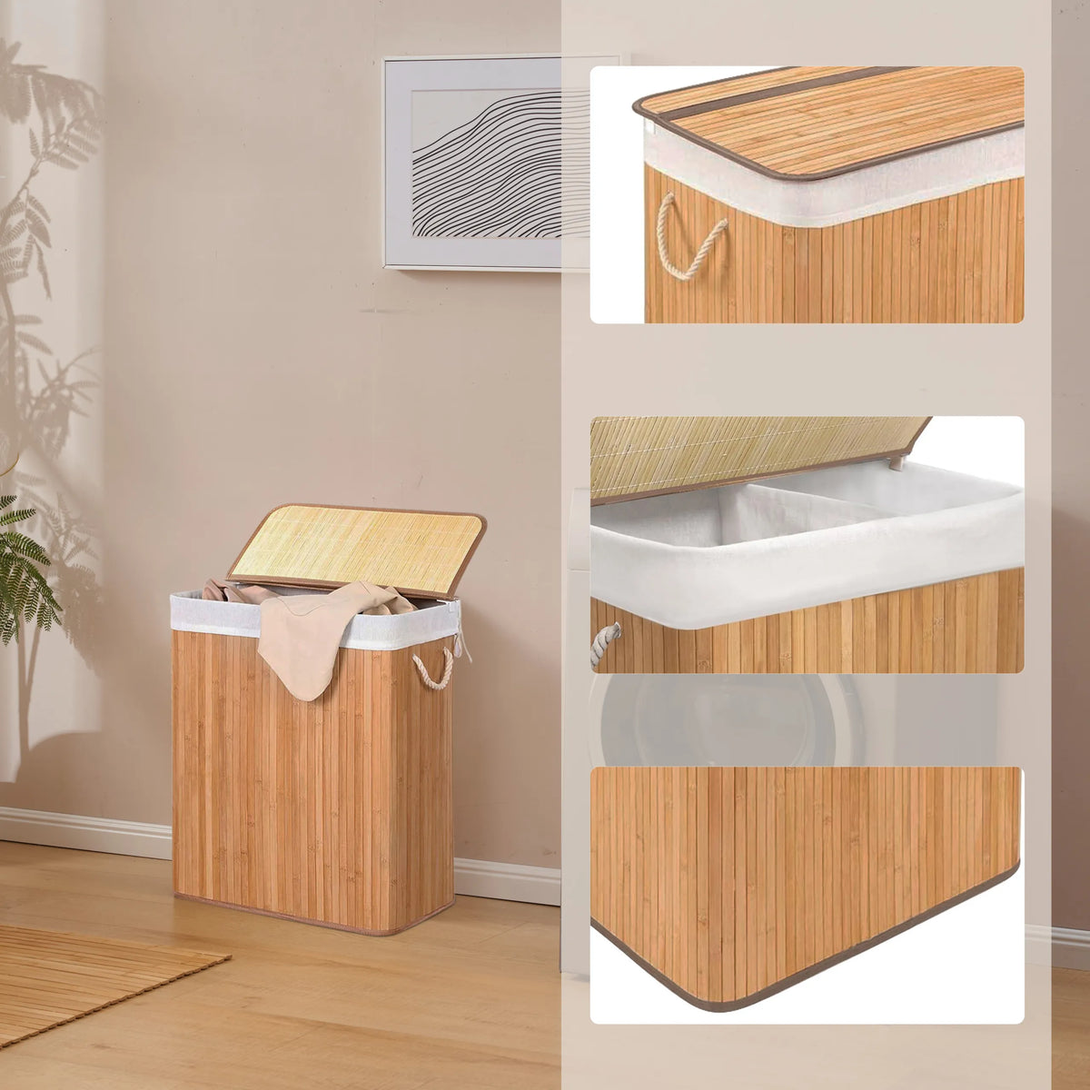 Cesto per il bucato in bambù FALSTER XL B con coperchio, sacchetto interno bianco e maniglie di hjh LIVING