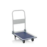 Carrello a piattaforma CARRY blu e bianco con maniglia pieghevole e quattro ruote di hjh OFFICE – vista a 360° (vista frontale a tre quarti 40°)