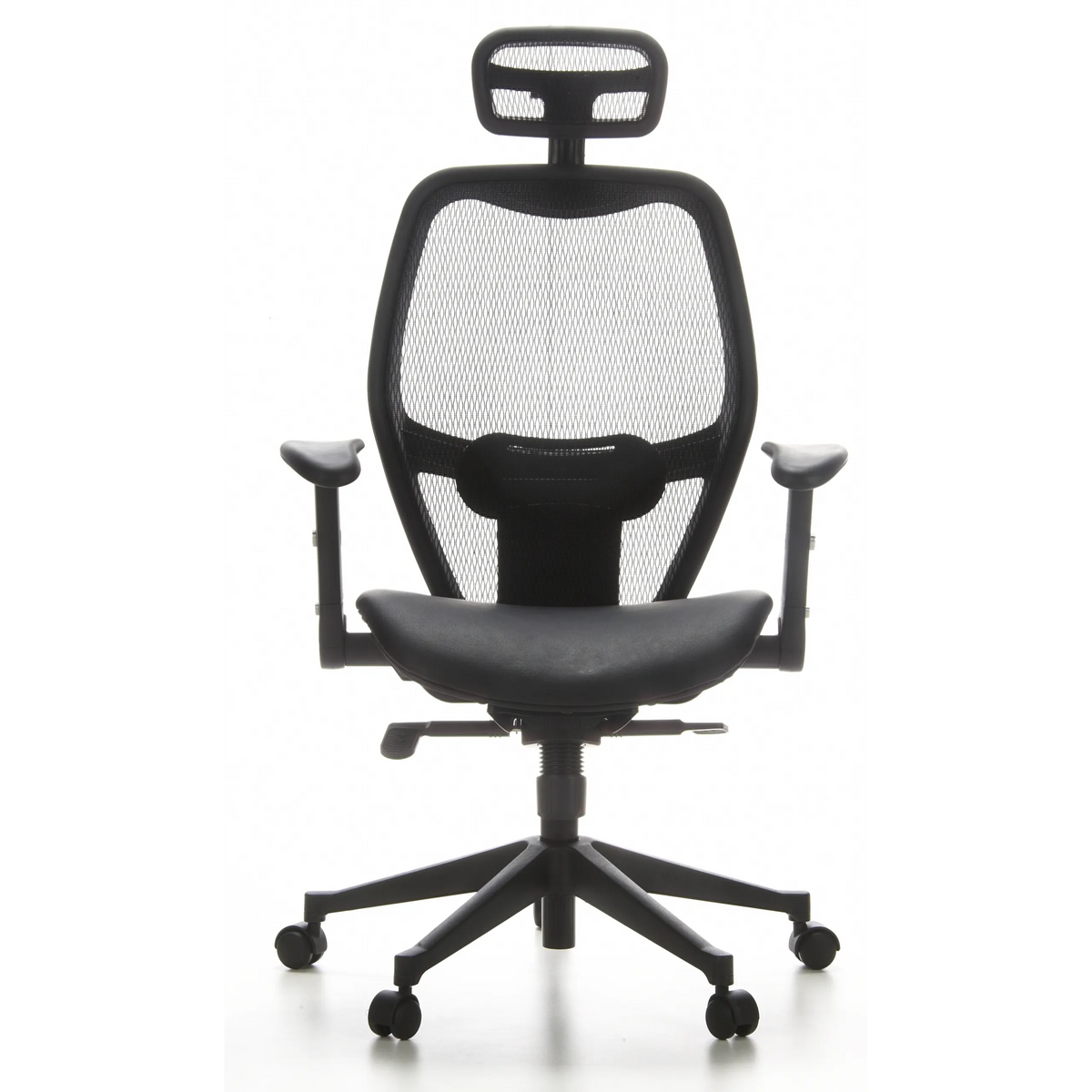 Sedia da ufficio professionale AIR-PORT nera con schienale in rete, seduta in pelle e base a cinque ruote di hjh OFFICE – vista a 360° (vista frontale 0°)