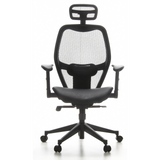 Sedia da ufficio professionale AIR-PORT nera con schienale in rete, seduta in pelle e base a cinque ruote di hjh OFFICE – vista a 360° (vista frontale 0°)