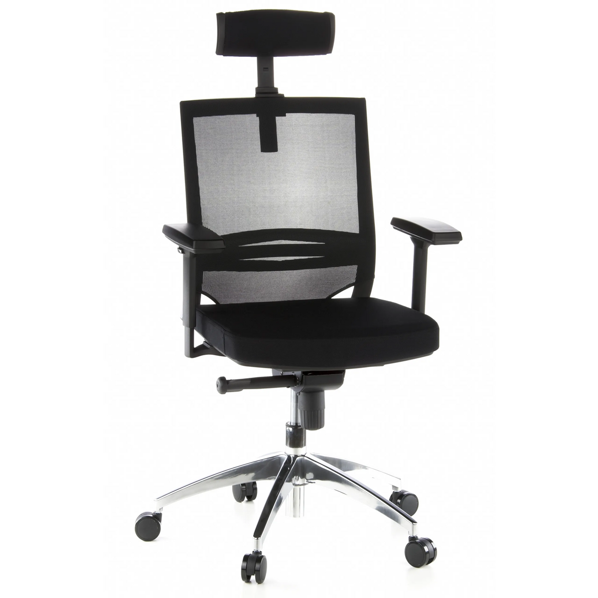 Sedia da ufficio professionale PORTO MAX nera con schienale in rete, poggiatesta e base a cinque ruote di hjh OFFICE – vista a 360° (vista frontale 20°)