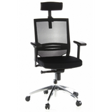 Sedia da ufficio professionale PORTO MAX nera con schienale in rete, poggiatesta e base a cinque ruote di hjh OFFICE – vista a 360° (vista frontale 20°)