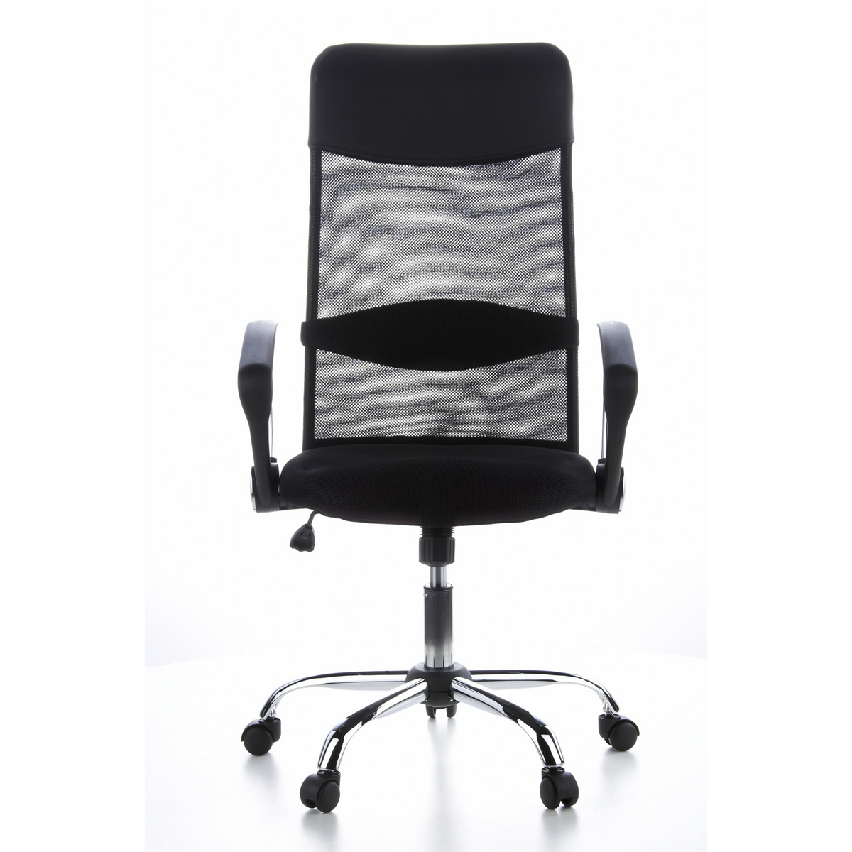 Schwarzer Homeoffice Chefsessel ARIA HIGH mit Netzrücken und Fußkreuz mit fünf Rollen von hjh OFFICE – 360-Grad-Ansicht (Frontansicht 0°)