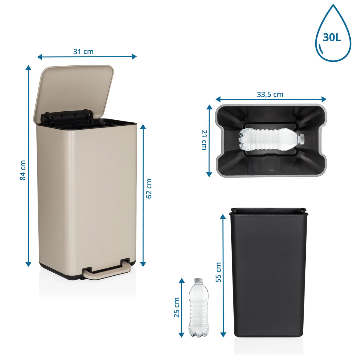 Disegno dimensionale del Cestini CLEAN BEVA con capacità di 30 l e un'altezza di 84 cm di hjh OFFICE