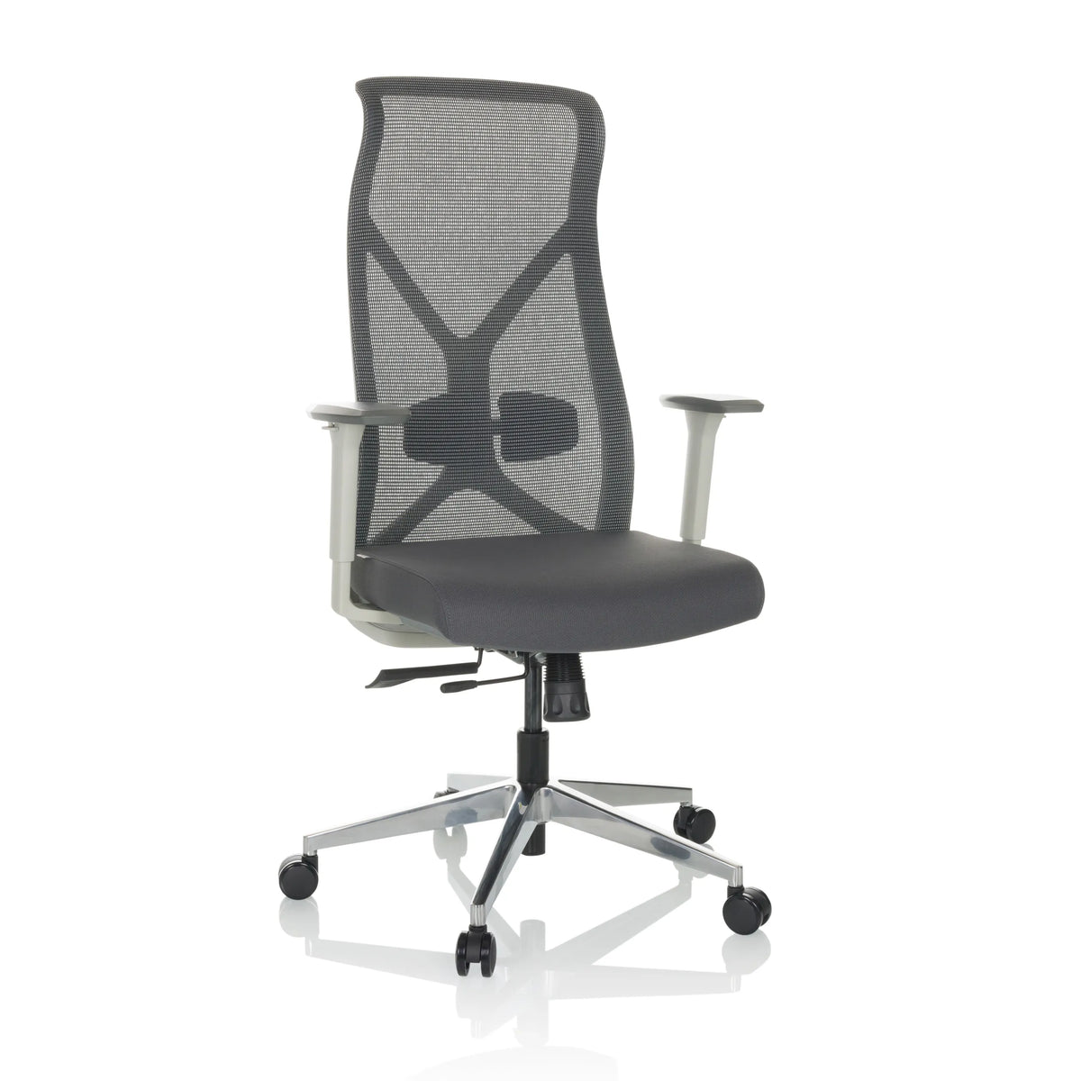 Sedia da ufficio professionale AZURRO WHITE grigia con schienale in rete e base a cinque ruote di hjh OFFICE – vista a 360° (vista frontale 15°)