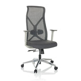Sedia da ufficio professionale AZURRO WHITE grigia con schienale in rete e base a cinque ruote di hjh OFFICE – vista a 360° (vista frontale 15°)
