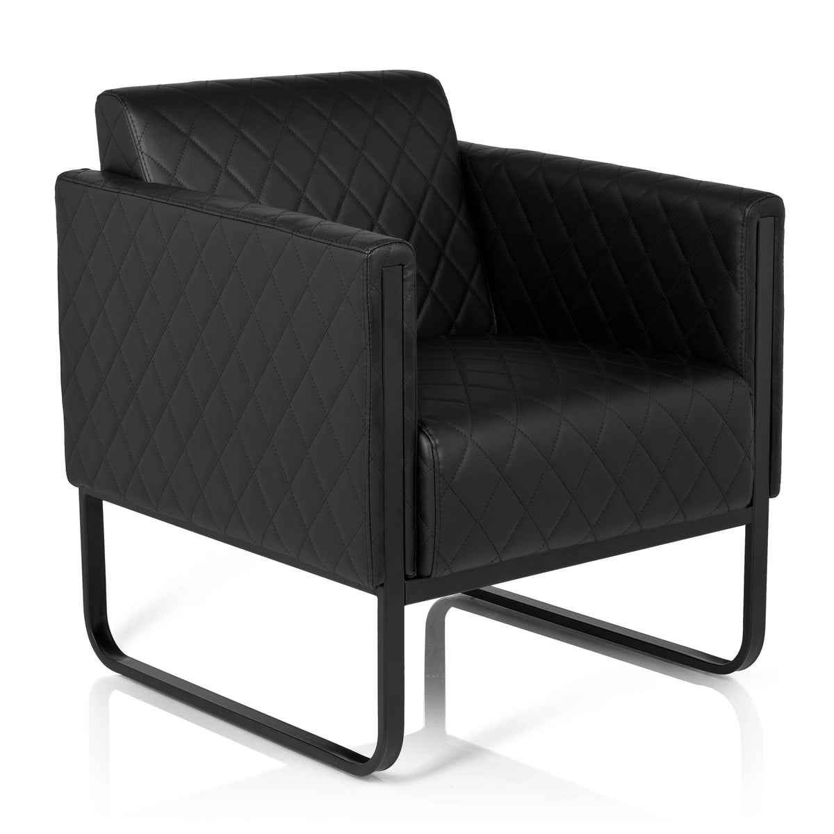 Poltrona imbottita nera ARUBA BLACK con trapuntatura a rombi e base a slitta di hjh OFFICE – vista a 360° (vista frontale a tre quarti 40°)