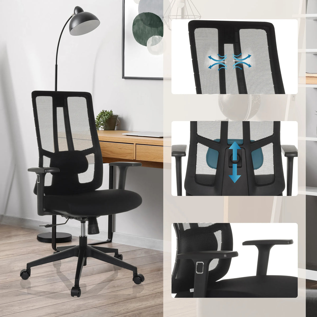 Sedia da ufficio professionale TRAMORE BASE imbottita nera con schienale in rete e supporto lombare regolabile di hjh OFFICE