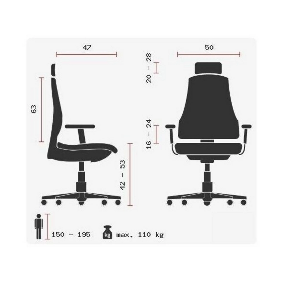 Disegno tecnico della Sedia da ufficio professionale HEAD POINT RS con un carico massimo di 110 kg di Topstar
