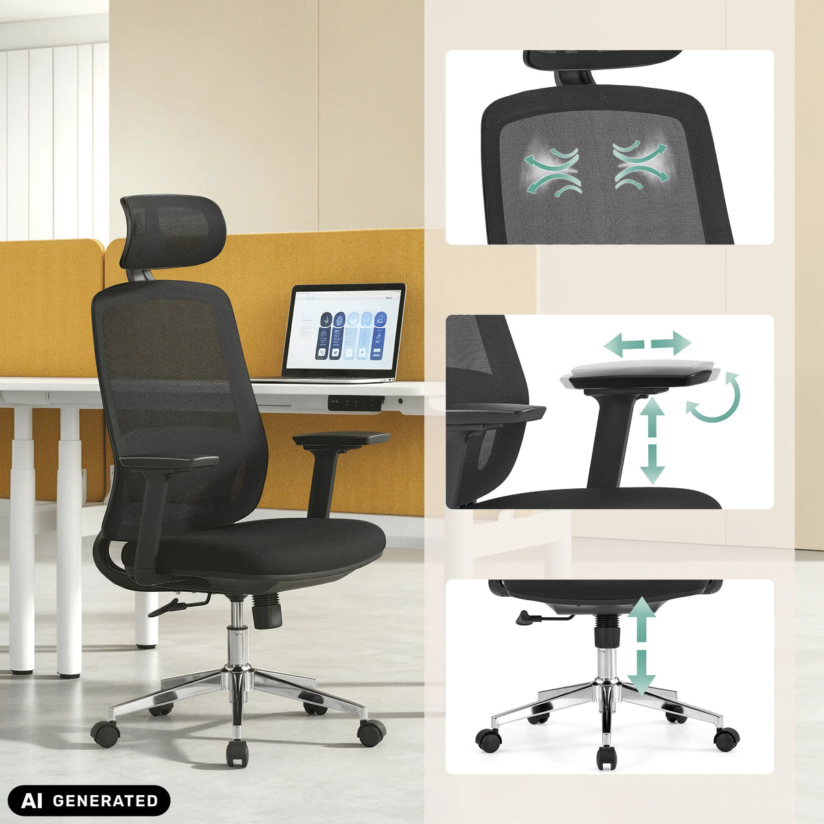 Sedia da ufficio professionale Ergosento in nero con poggiatesta e braccioli regolabili di hjh OFFICE (immagine generata dall’IA)