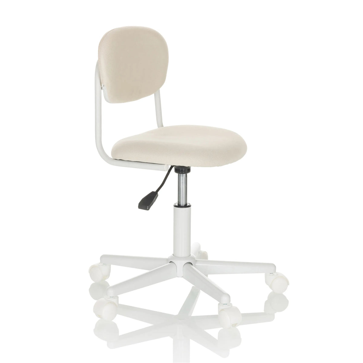 Sedia girevole per bambini KIDDY BASE I beige con imbottitura e base bianca a cinque ruote di hjh OFFICE – vista a 360° (vista frontale a tre quarti 60°)