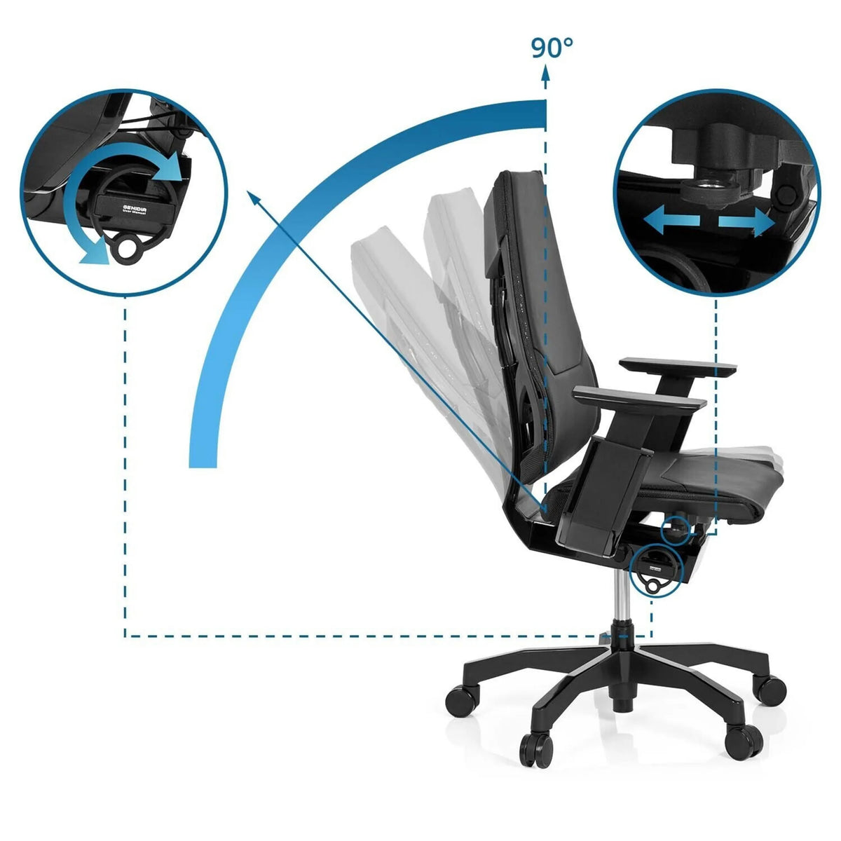 Schienale regolabile con posizione a 90° della High-end Sedia da ufficio GENIDIA BLACK di hjh OFFICE