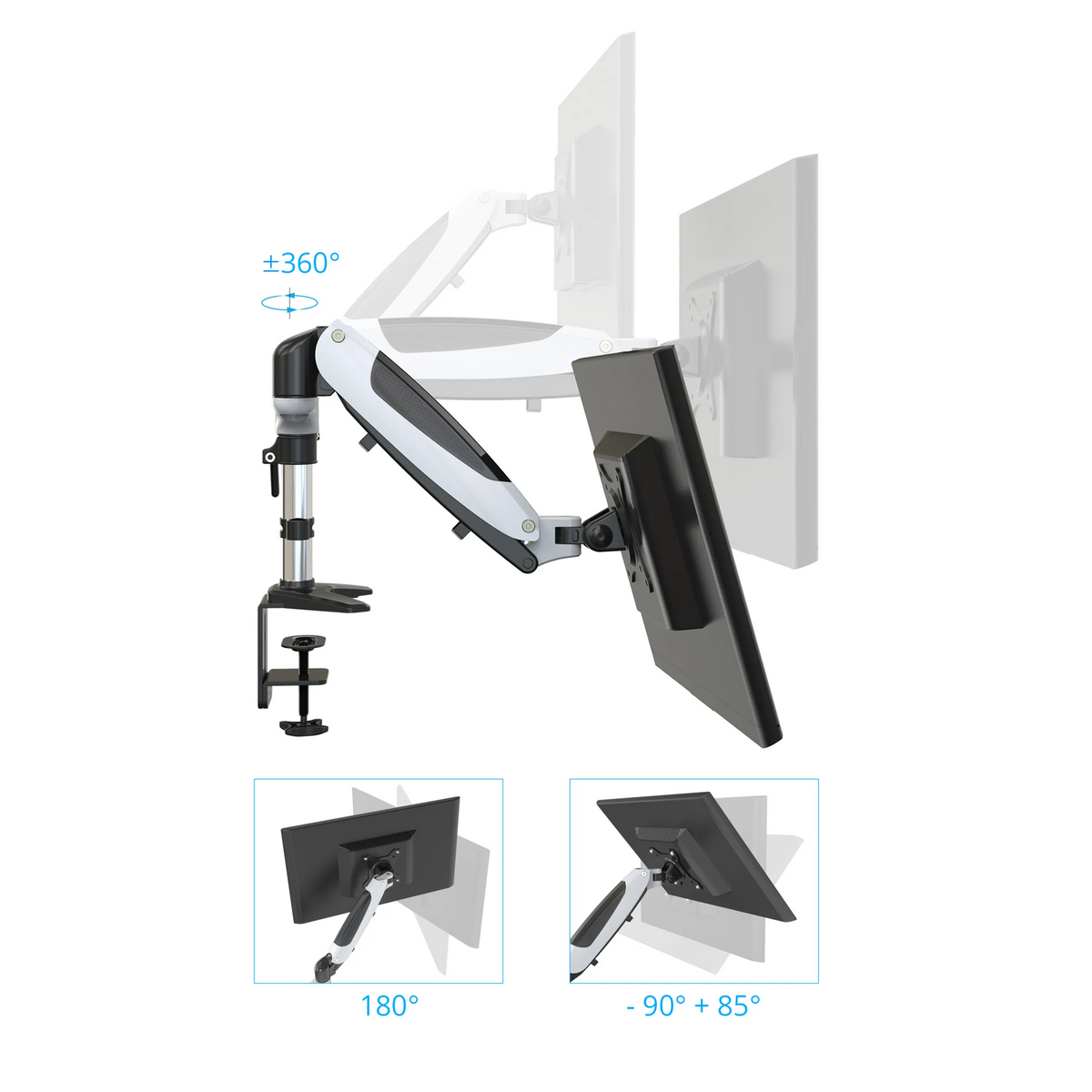 Opzioni di regolazione del supporto per monitor VM-MG2S con rotazione di 360° e angoli di inclinazione di hjh OFFICE