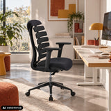 Sedia da ufficio professionale ERGO LINE II nera con schienale segmentato e base a stella con ruote di hjh OFFICE (immagine generata dall’IA)