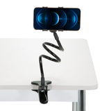 Supporto per cellulare e tablet FLEXMOBI nero con collo di cigno flessibile e morsetto da tavolo di hjh OFFICE – vista a 360° (vista frontale 0°)
