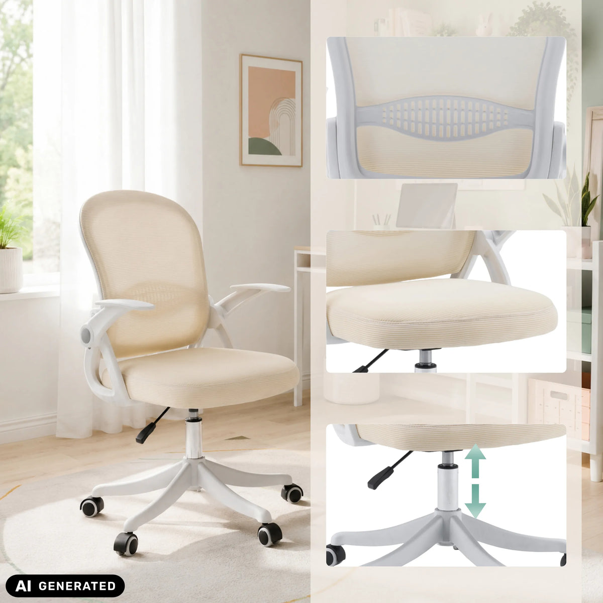 Sedia Home Office Naluro beige con dettaglio dello schienale e regolazione dell'altezza di hjh OFFICE (immagine generata dall’IA)