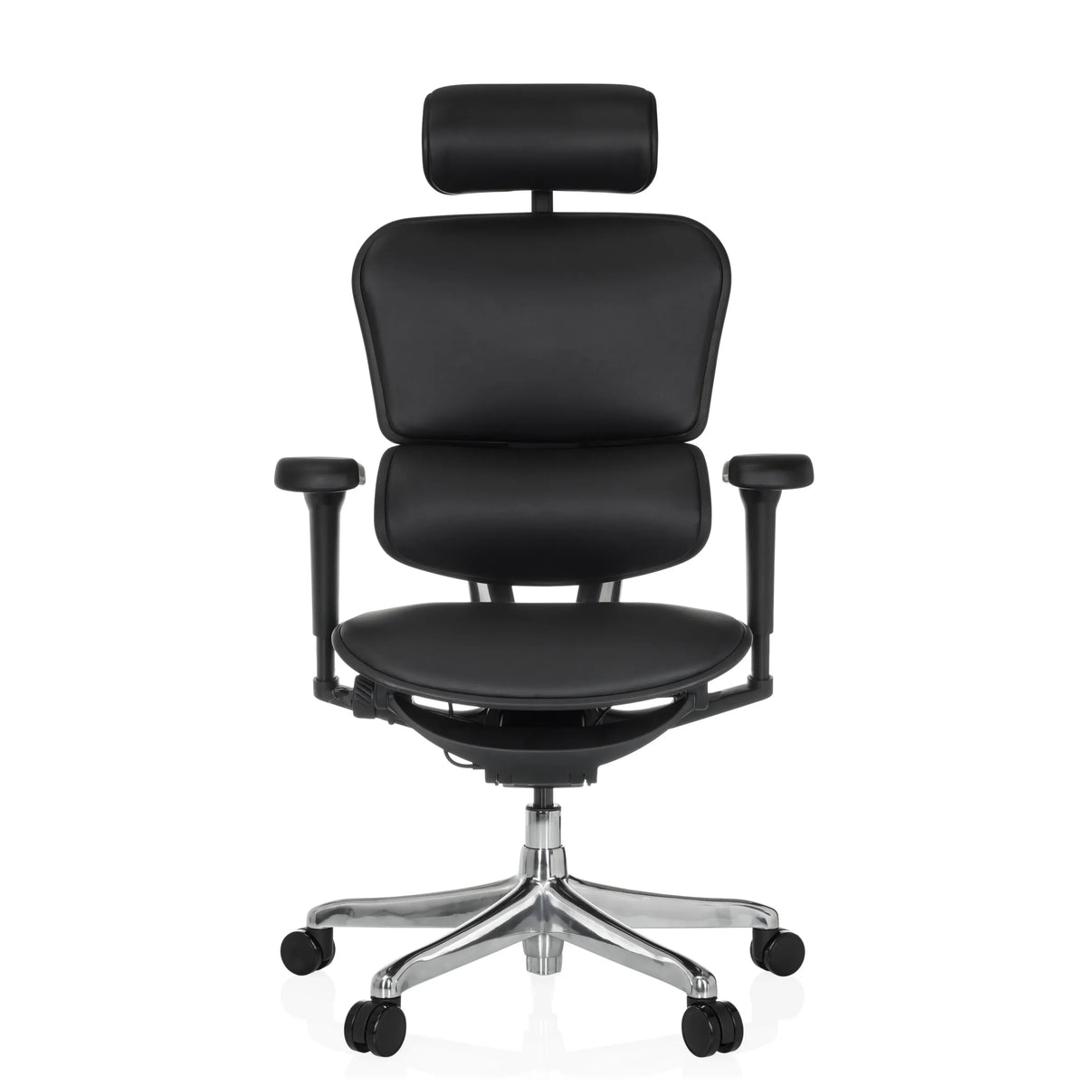 Schwarzer Luxus-Chefsessel ERGOHUMAN ULTRA L GEN2 aus Leder mit Kopfstütze und Fußkreuz mit fünf Rollen von hjh OFFICE – 360-Grad-Ansicht (Frontansicht 0°)