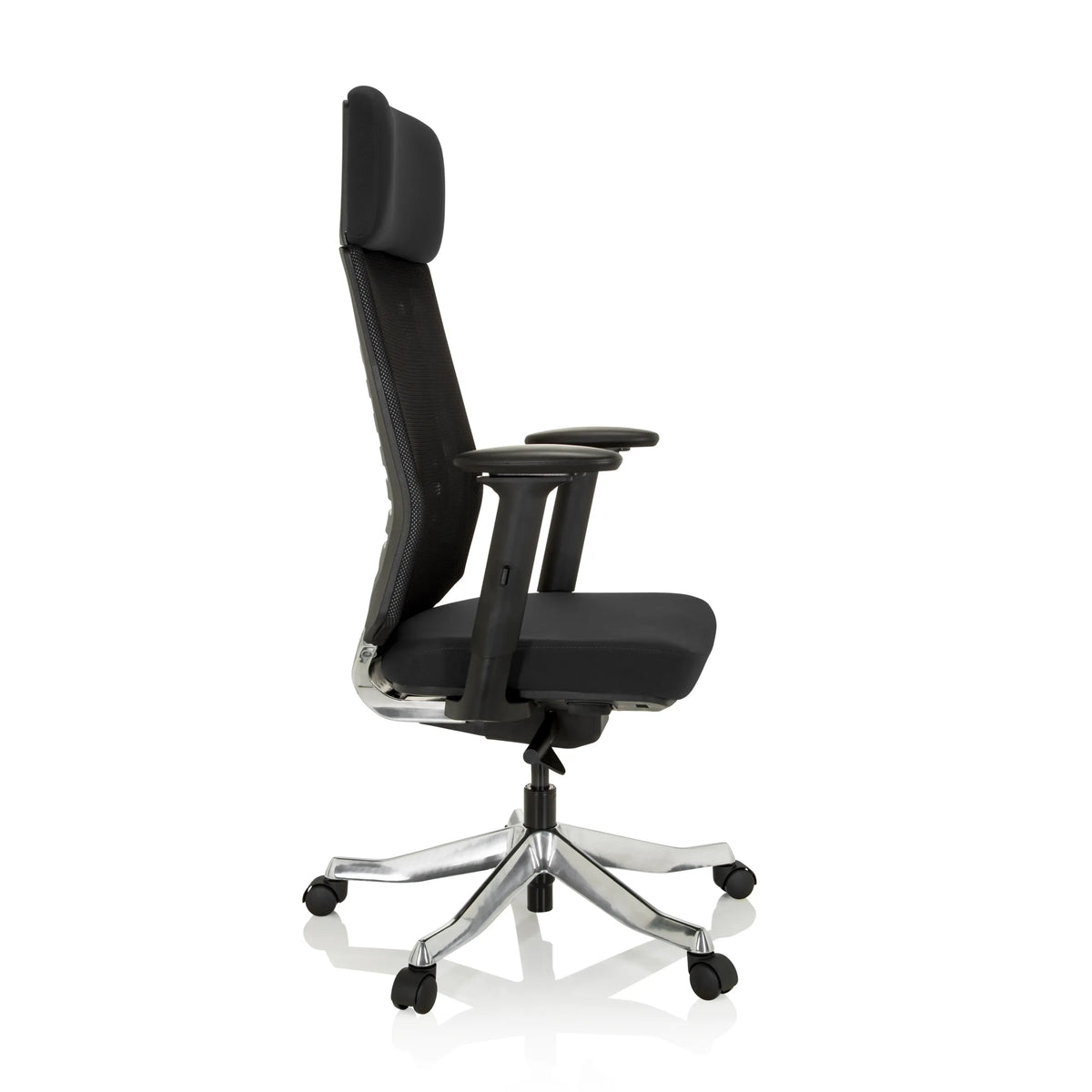 Sedia da ufficio professionale ASGON nera con schienale in rete e base a cinque ruote di hjh OFFICE – vista a 360° (profilo laterale 80°)
