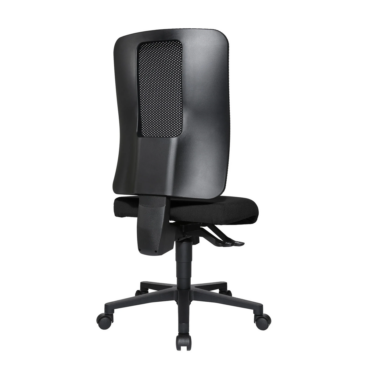 Sedia da ufficio professionale HJH WORK BASIC nera con schienale in rete e base a cinque ruote di Topstar – vista a 360° (vista posteriore 180°)