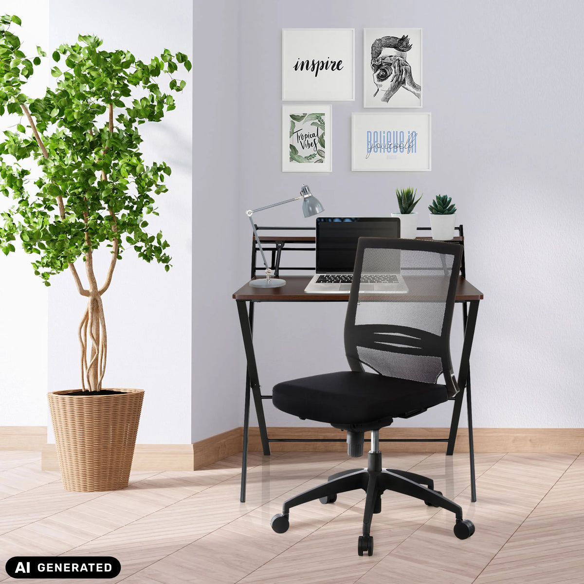 Sedia da ufficio professionale PORTO PRO nera con schienale in rete a una scrivania di hjh OFFICE (immagine generata dall’IA)