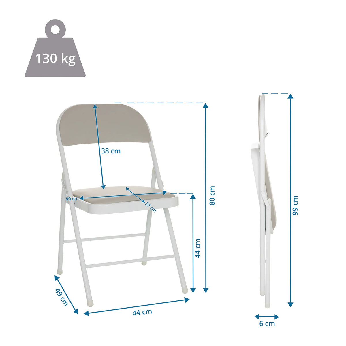 Disegno tecnico della Sedia pieghevole TUDELA W con un'altezza totale di 99 cm e una portata di 130 kg di hjh OFFICE