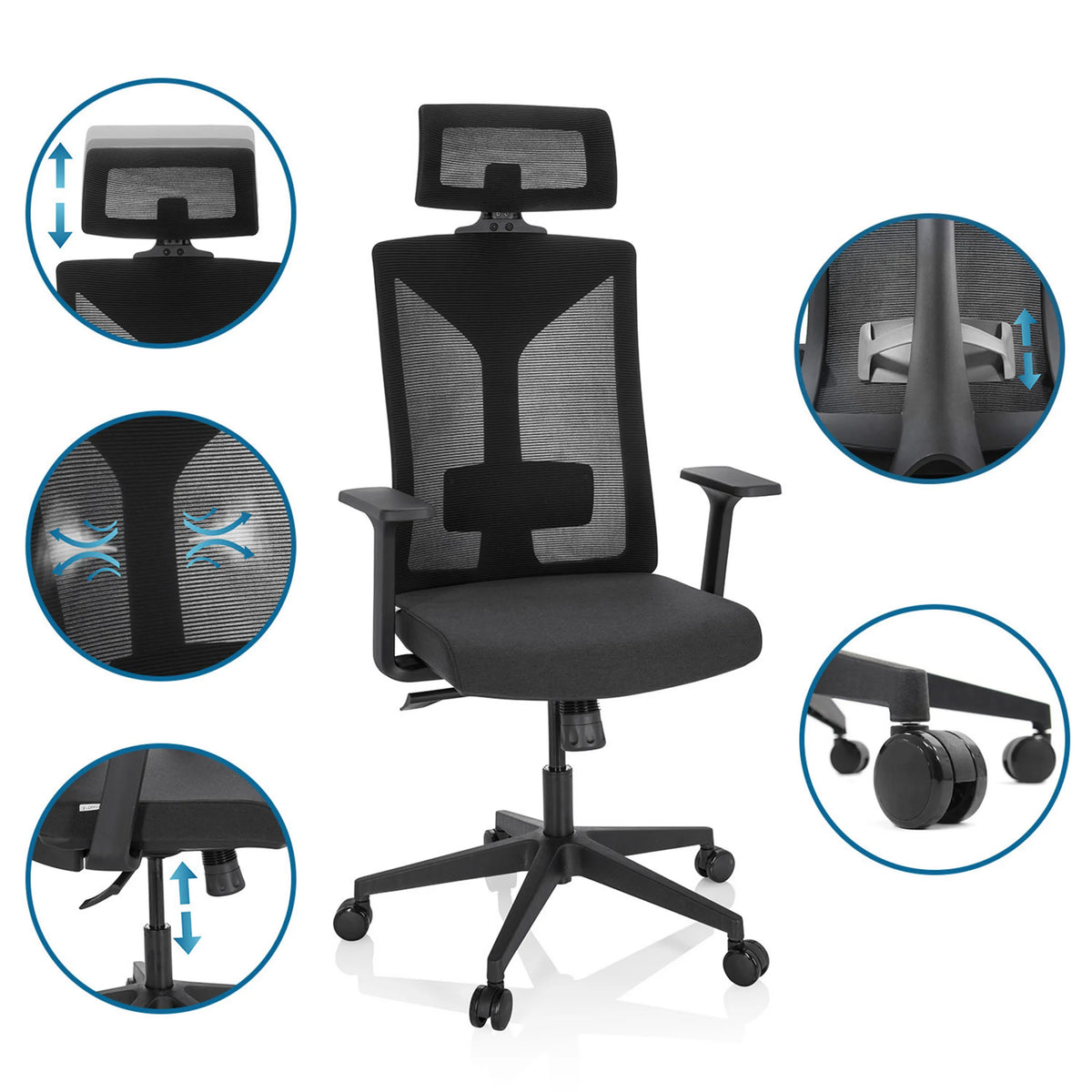 Sedia da ufficio professionale KODIAK nera con poggiatesta regolabile, supporto lombare e rotelle di hjh OFFICE