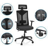 Sedia da ufficio professionale KODIAK nera con poggiatesta regolabile, supporto lombare e rotelle di hjh OFFICE