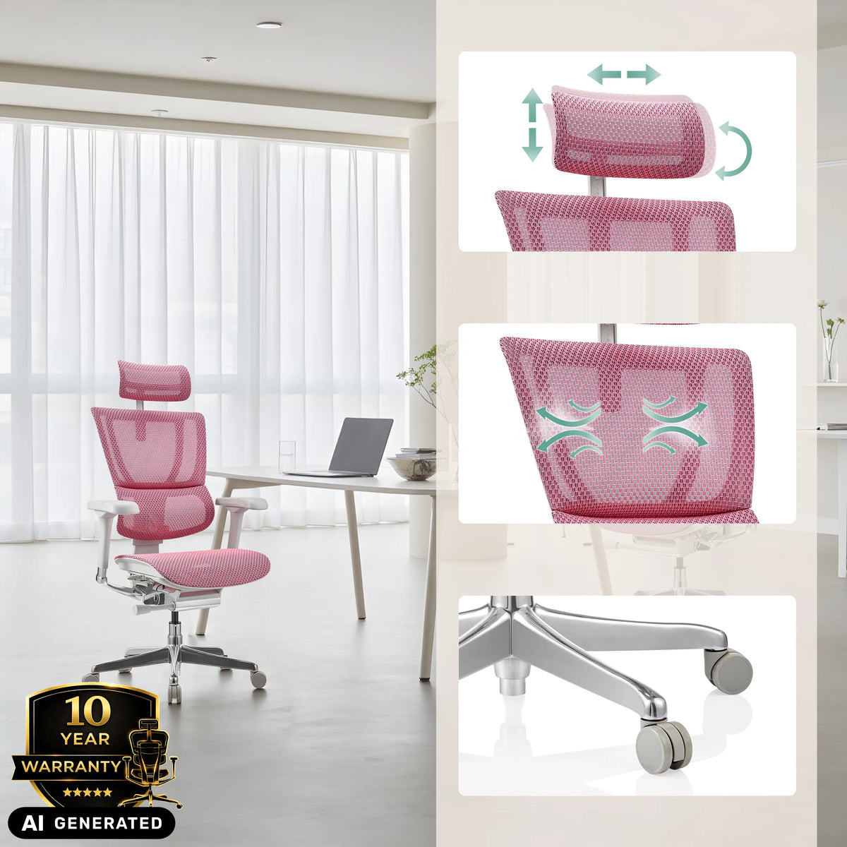 Poltrona di lusso ERGOHUMAN SLIM G GEN2 in rosa con poggiatesta regolabile e base a stella di hjh OFFICE (immagine generata dall’IA)