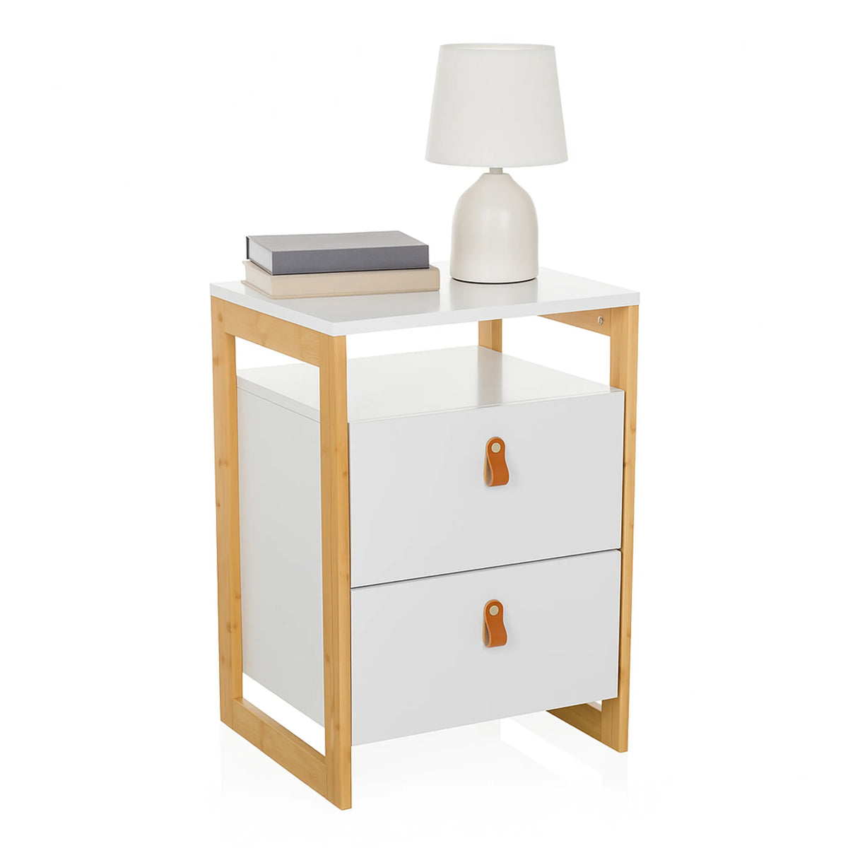 Tavolino TAROLO III in bianco con due cassetti, maniglie in pelle e struttura in legno chiaro di hjh LIVING