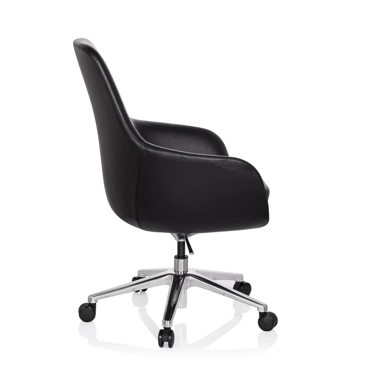 Poltrona professionale BARENO nera con rivestimento in pelle e base a cinque ruote di hjh OFFICE – vista a 360° (profilo laterale 100°)