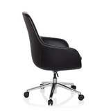 Poltrona professionale BARENO nera con rivestimento in pelle e base a cinque ruote di hjh OFFICE – vista a 360° (profilo laterale 100°)