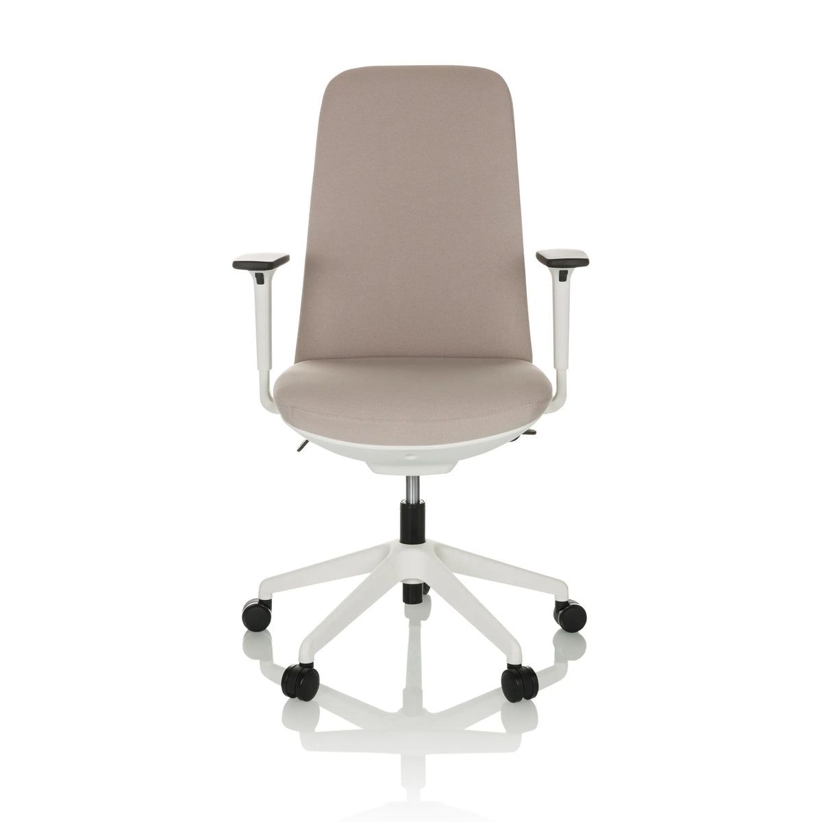 Sedia da ufficio professionale NESTORA beige con braccioli e base bianca a cinque ruote di hjh OFFICE – vista a 360° (vista frontale 0°)