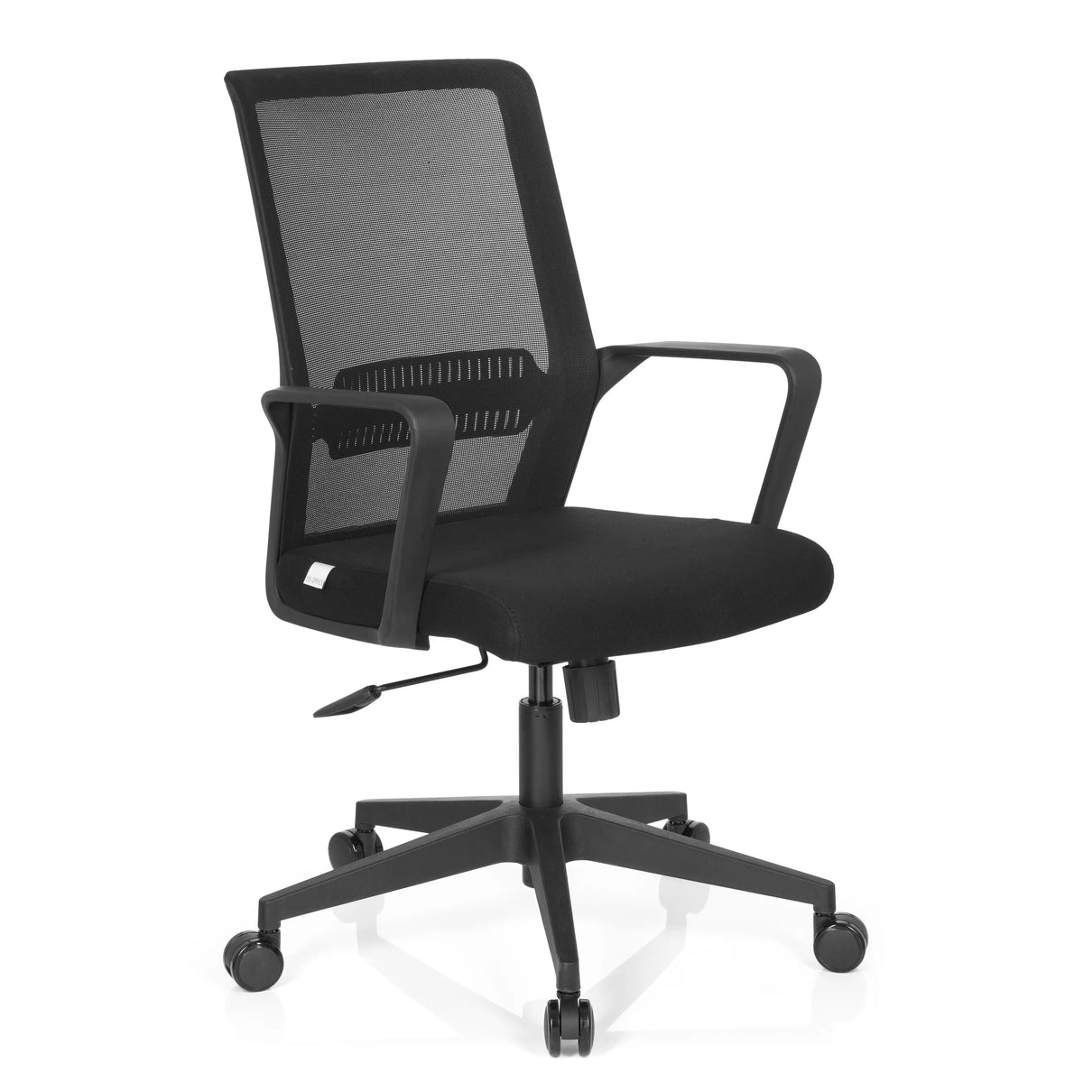 Sedia Home Office PRESTON nera con schienale in rete e base a cinque ruote di hjh OFFICE – vista a 360° (vista frontale a tre quarti 40°)