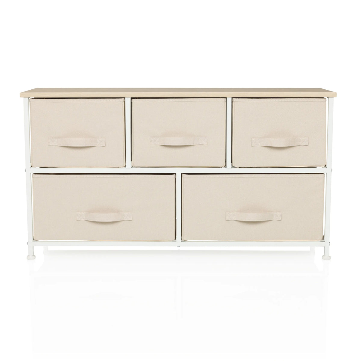 Cassettiera beige FOLDAR con cinque cassetti in tessuto e struttura bianca di hjh LIVING – vista a 360° (vista frontale 0°)