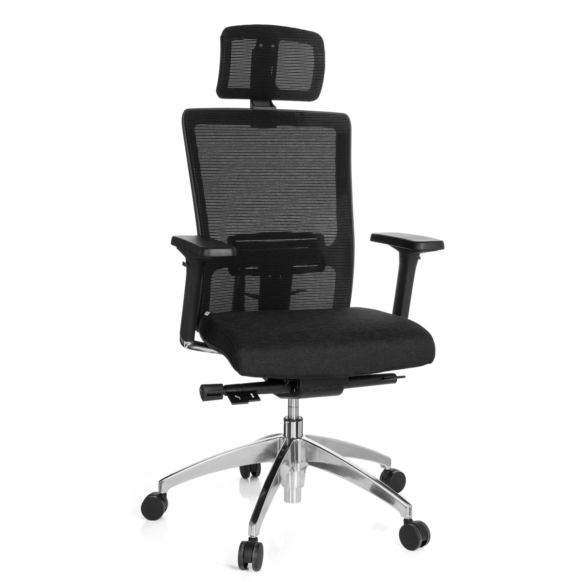 Sedia da ufficio professionale ASTRA LUX nera con schienale in rete, poggiatesta e base a cinque ruote di hjh OFFICE – vista a 360° (vista frontale 20°)