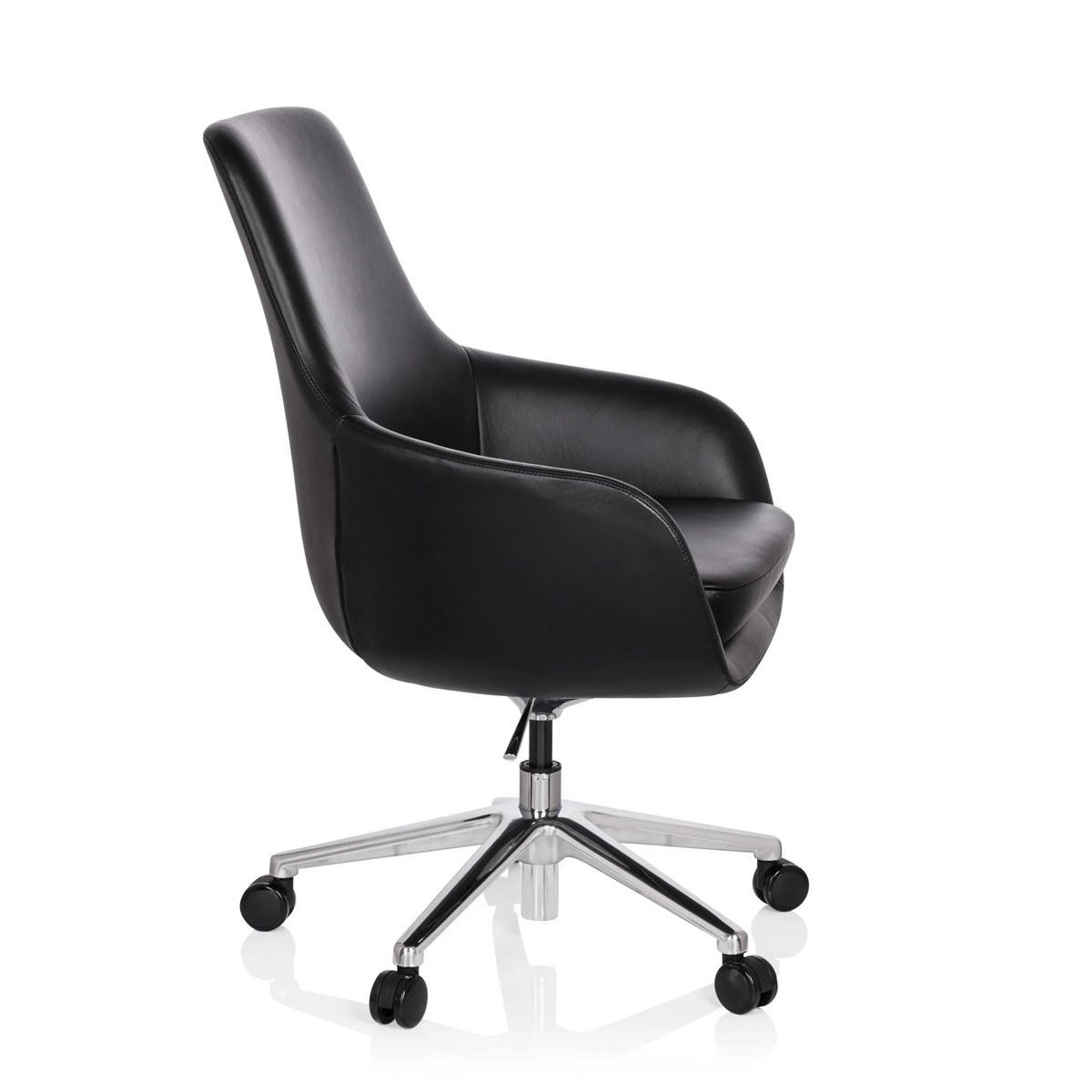 Poltrona professionale BARENO nera con rivestimento in pelle e base a cinque ruote di hjh OFFICE – vista a 360° (profilo laterale 80°)