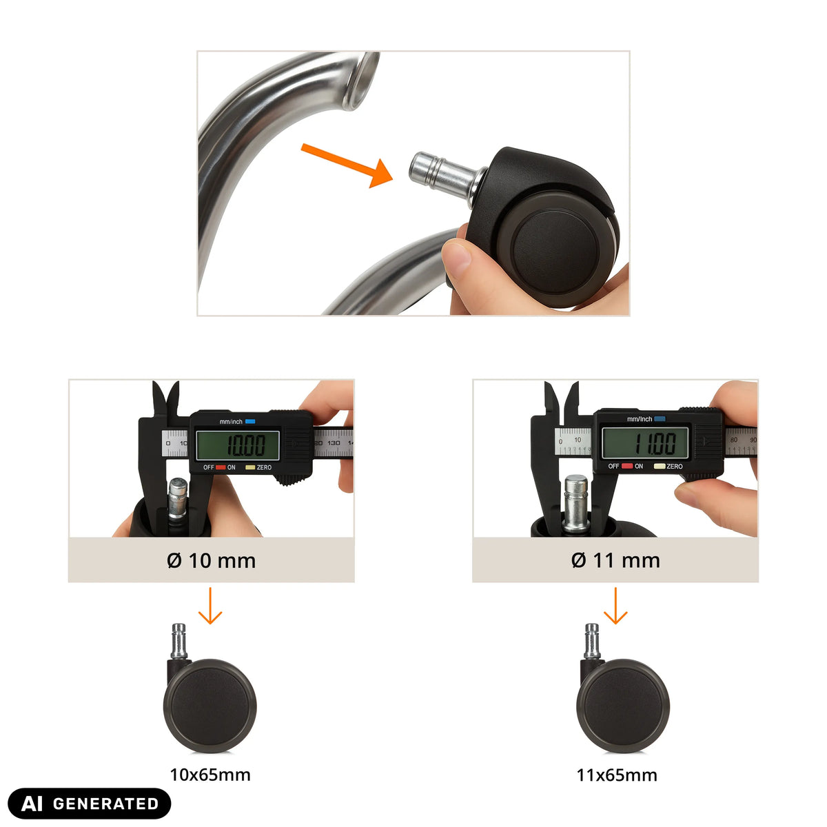 Misurazione del diametro del perno per rotelle per sedia 5x ROLO 10mm/65mm in 10 mm e 11 mm di hjh OFFICE (immagine generata dall’IA)